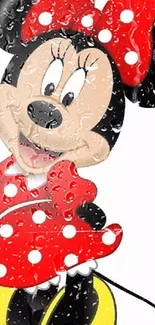 Cartoon character in red dress with polka dots, smiling joyfully.