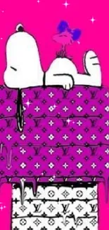 Cartoon character on designer doghouse with pink background.