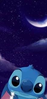 Cute blue character under moonlit night sky.