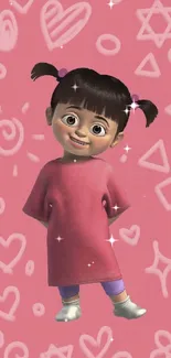 Cute cartoon girl on a pink background with playful symbols.