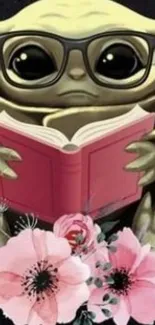 Cute character with book and pink flowers.