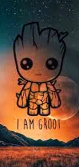 Cute character in space with text 'I am Groot' on mobile wallpaper.