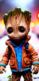 Cute wooden character in a cozy jacket with bright bokeh lights in the background.