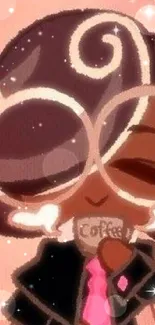 Cute cartoon character sipping coffee in warm tones.