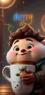 Cute character with spiky hair holding a coffee mug in a warmly-lit setting.