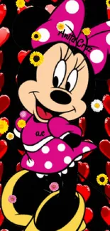 Cartoon character with pink dress and red hearts background.