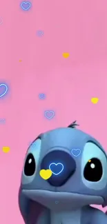 Cute animated character with hearts on a pink background.