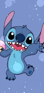 Blue cartoon character enjoying ice cream on a vibrant backdrop.