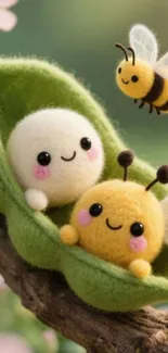 Felt characters with a bee on a green leaf.