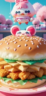 Cute cartoon characters on a burger with a pastel background.