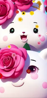 Cute cartoon characters with pink roses.