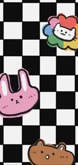 Cute pink bunny and friends on checkerboard wallpaper.