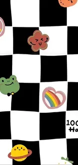 Cute black and white checkered wallpaper with colorful cartoon icons.