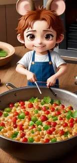 Cute cartoon mouse chef cooking colorful dish in cozy kitchen setting.