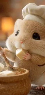 Cute cartoon hamster chef stirring stew in a wooden pot.
