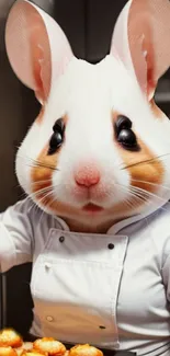 Adorable hamster dressed as a chef baking in the kitchen.