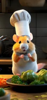 Cute cartoon mouse chef holding a cup in a cozy kitchen setting.