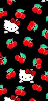 Adorable cat and cherry pattern on a black background, perfect for mobile wallpaper.