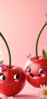 Cute cartoon cherries with flowers on pink background.