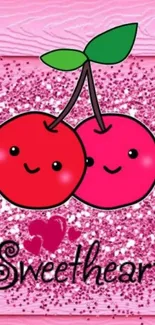 Charming cherry design on pink glitter background wallpaper.