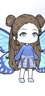 Chibi girl with butterfly wings and lavender background.