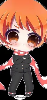 Cute chibi character with orange hair, black outfit, and red polka dot scarf.