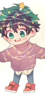 Chibi character in sweater with green hair and stars.