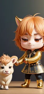 Chibi character with golden outfit and a cute animal.