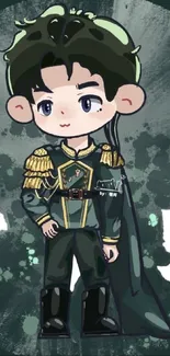 Chibi character in green military-style attire on artistic wallpaper.