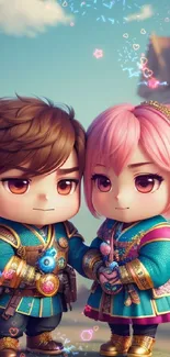 Adorable chibi couple in fantasy outfits set in a dreamy landscape.