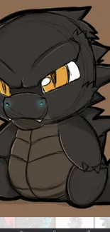 Chibi black dragon with orange eyes on a brown background.