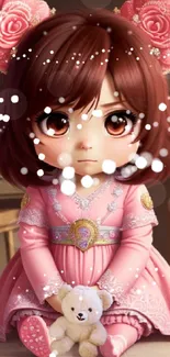 Chibi girl in pink holding a teddy bear, set in a cozy room.