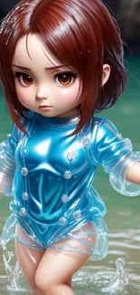 Chibi character in blue outfit standing in beach water.