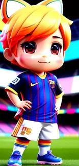 Chibi soccer player in colorful stadium wallpaper.