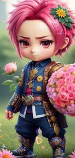 Chibi character with pink hair holding a flower bouquet.