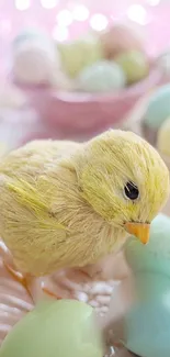 Fluffy chick surrounded by pastel eggs in a bright spring setting.