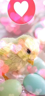 Cute chick and pastel eggs with heart designs in pink hues.