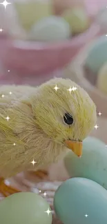 Adorable chick with pastel eggs and star sparkles.