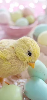 Cute chick with pastel eggs on a soft pink background.