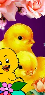 Adorable yellow chicks with colorful flowers mobile wallpaper.