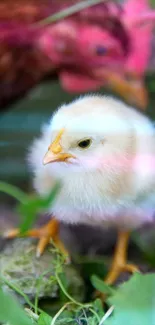 Adorable chick with green grass background and blurred hen.