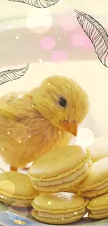 Cute chick with yellow macarons on decorative plate.