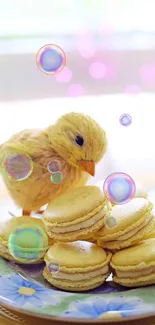 Cute chick toy with yellow macarons on a decorative floral plate.