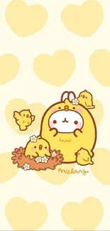 Cute chick family with heart background wallpaper.