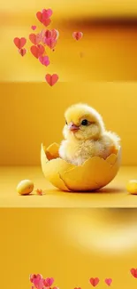 Cute fluffy chick sitting in eggshell with heart accents.