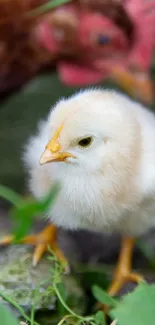 Fluffy chick standing in a garden setting.