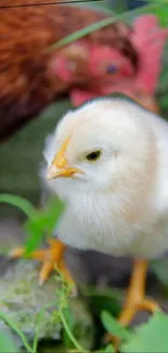 Cute chick in a lush green garden background.