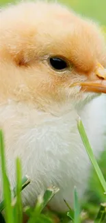 Cute fluffy chick sitting in green grass.