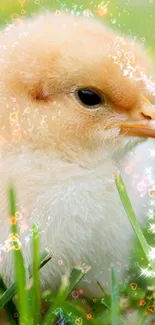 A cute yellow chick on green grass mobile wallpaper.