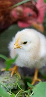 Cute fluffy chick amidst green leaves and natural garden.